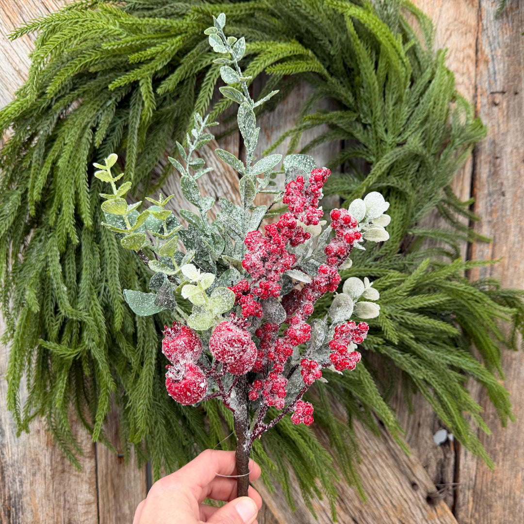 18" Icy Red Berry and Frosted Greenery Pick – Christmas Floral Spray