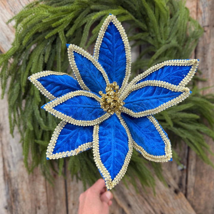 22" Royal Blue Velvet Poinsettia with Gold Trim