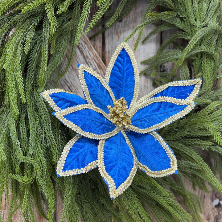 22" Royal Blue Velvet Poinsettia with Gold Trim