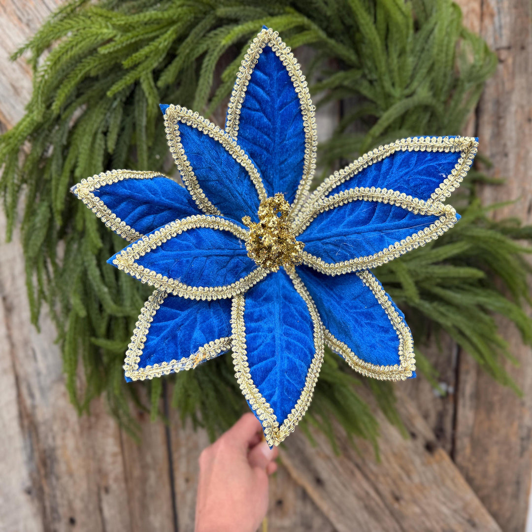 22" Royal Blue Velvet Poinsettia with Gold Trim