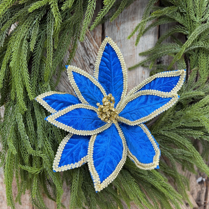 22" Royal Blue Velvet Poinsettia with Gold Trim