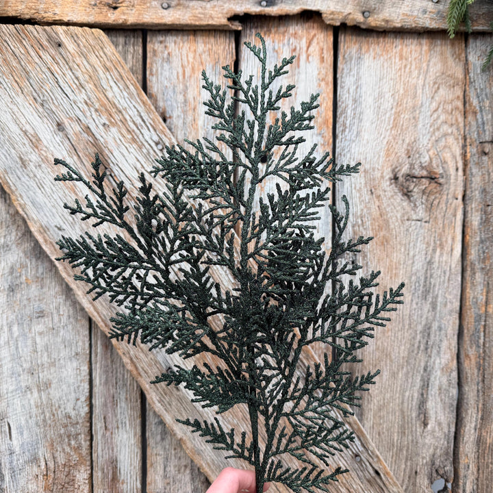 24" Dark Green Glitter Cedar Spray – Christmas Greenery