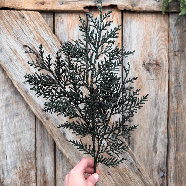 24" Dark Green Glitter Cedar Spray – Christmas Greenery
