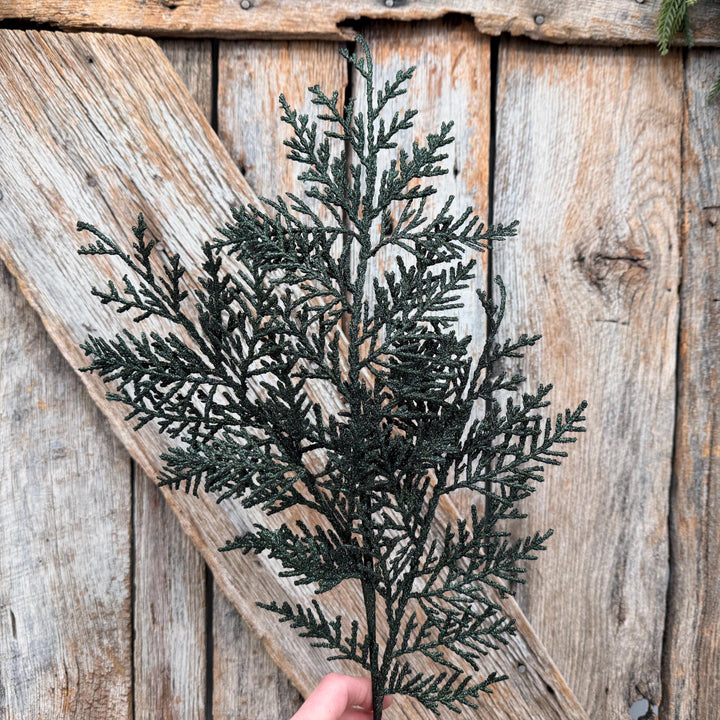 24" Dark Green Glitter Cedar Spray – Christmas Greenery