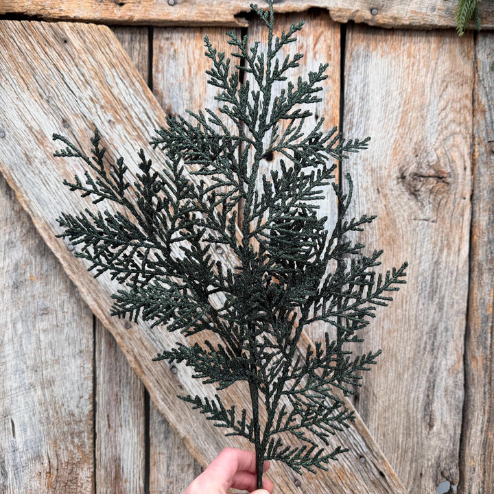 24" Dark Green Glitter Cedar Spray – Christmas Greenery