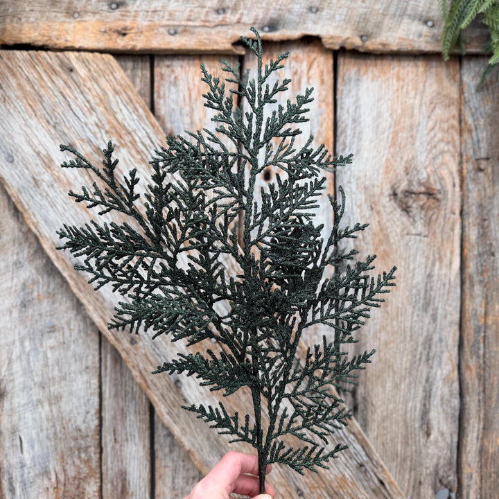 24" Dark Green Glitter Cedar Spray – Christmas Greenery