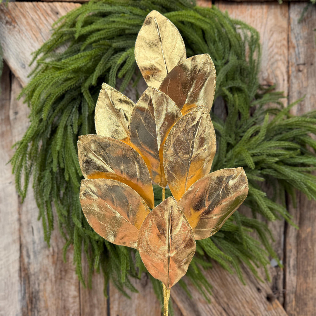 30" Gold Metallic Magnolia Leaf Spray