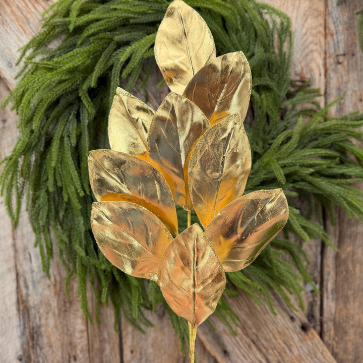 30" Gold Metallic Magnolia Leaf Spray