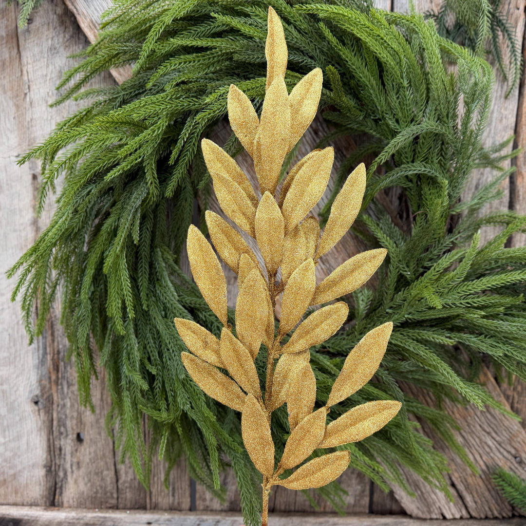 27" Gold Glitter Laurel Leaf Spray – Christmas Tree Floral Greenery