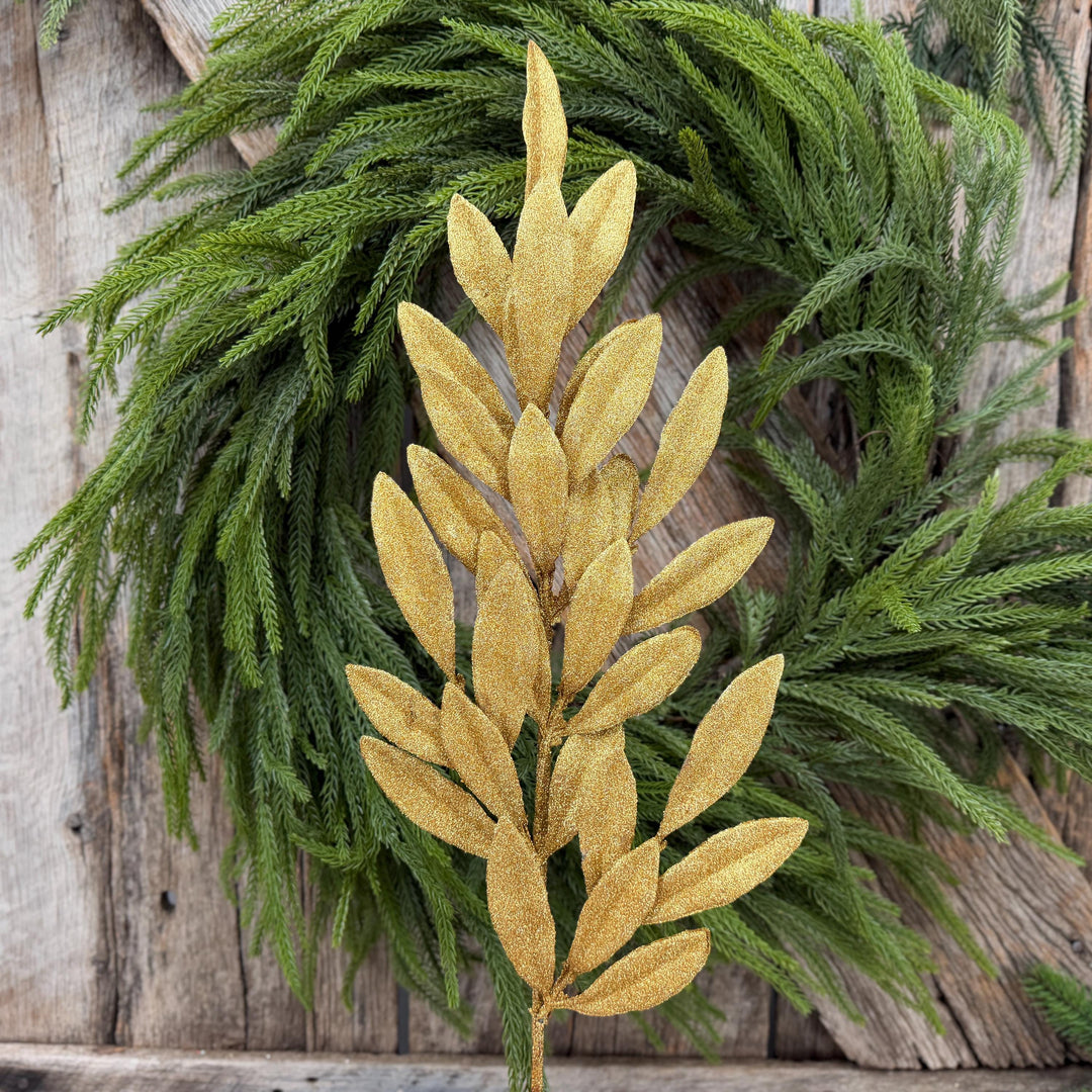 27" Gold Glitter Laurel Leaf Spray – Christmas Tree Floral Greenery