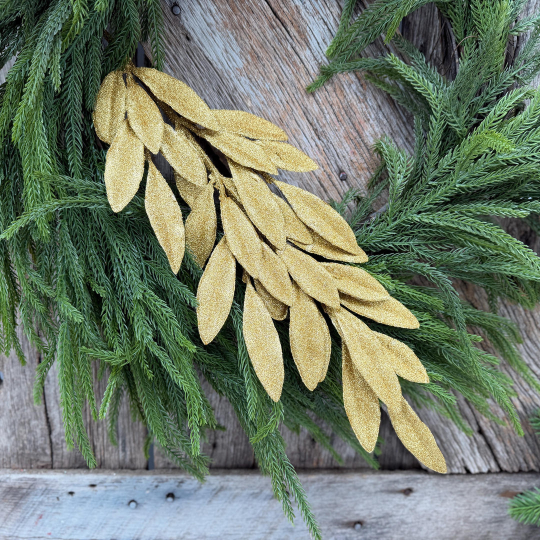 27" Gold Glitter Laurel Leaf Spray – Christmas Tree Floral Greenery