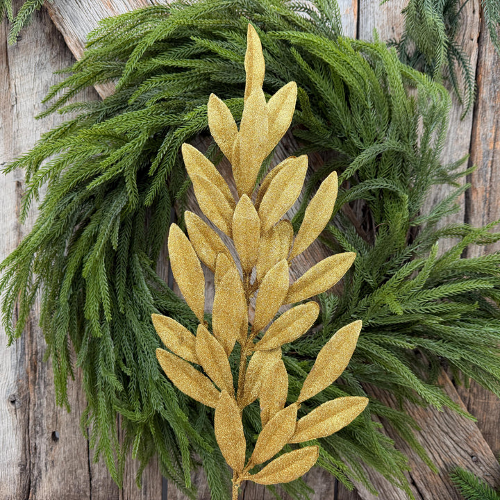 27" Gold Glitter Laurel Leaf Spray – Christmas Tree Floral Greenery