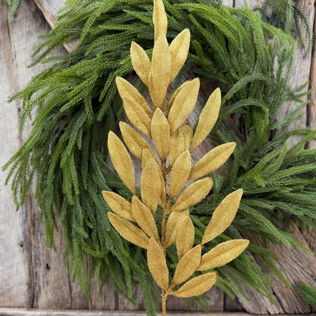 27" Gold Glitter Laurel Leaf Spray – Christmas Tree Floral Greenery