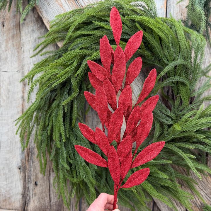 27" Red Glitter Laurel Leaf Spray – Christmas Tree Greenery