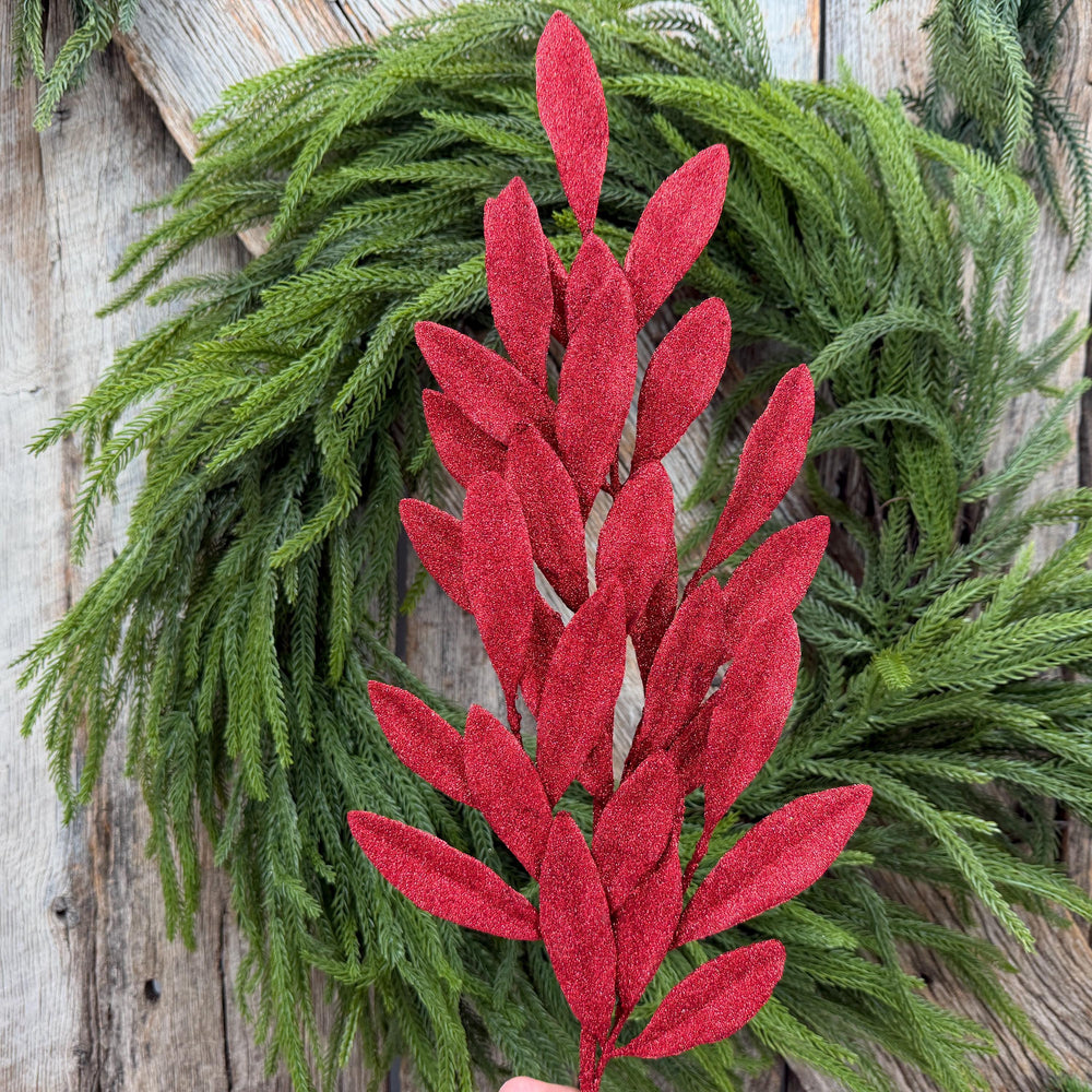 27" Red Glitter Laurel Leaf Spray – Christmas Tree Greenery
