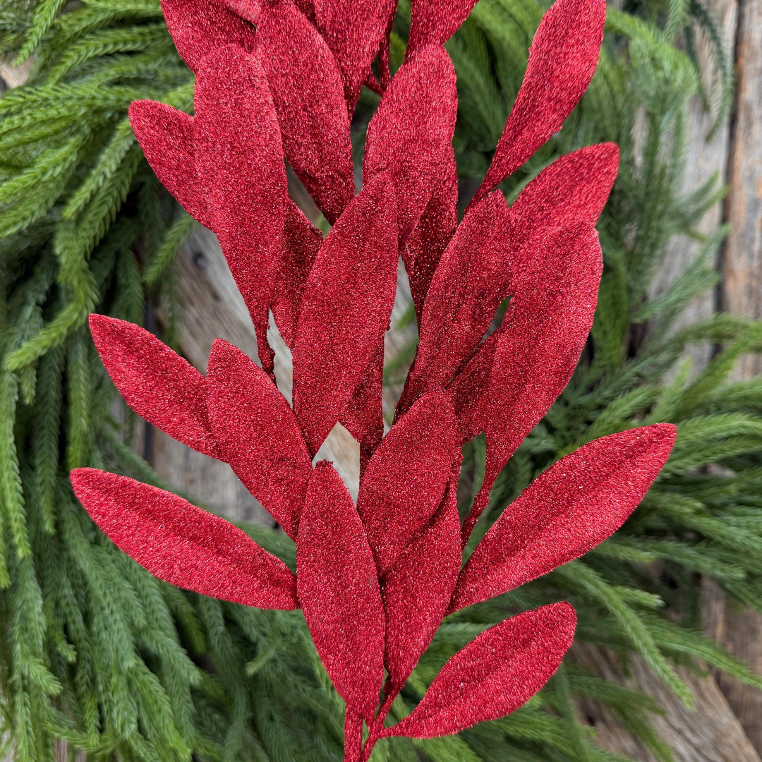 27" Red Glitter Laurel Leaf Spray – Christmas Tree Greenery