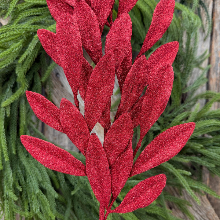 27" Red Glitter Laurel Leaf Spray – Christmas Tree Greenery