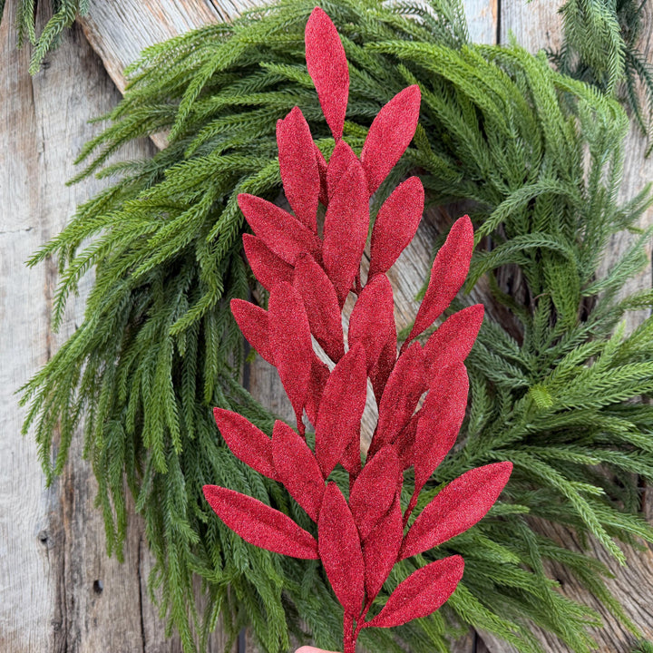 27" Red Glitter Laurel Leaf Spray – Christmas Tree Greenery