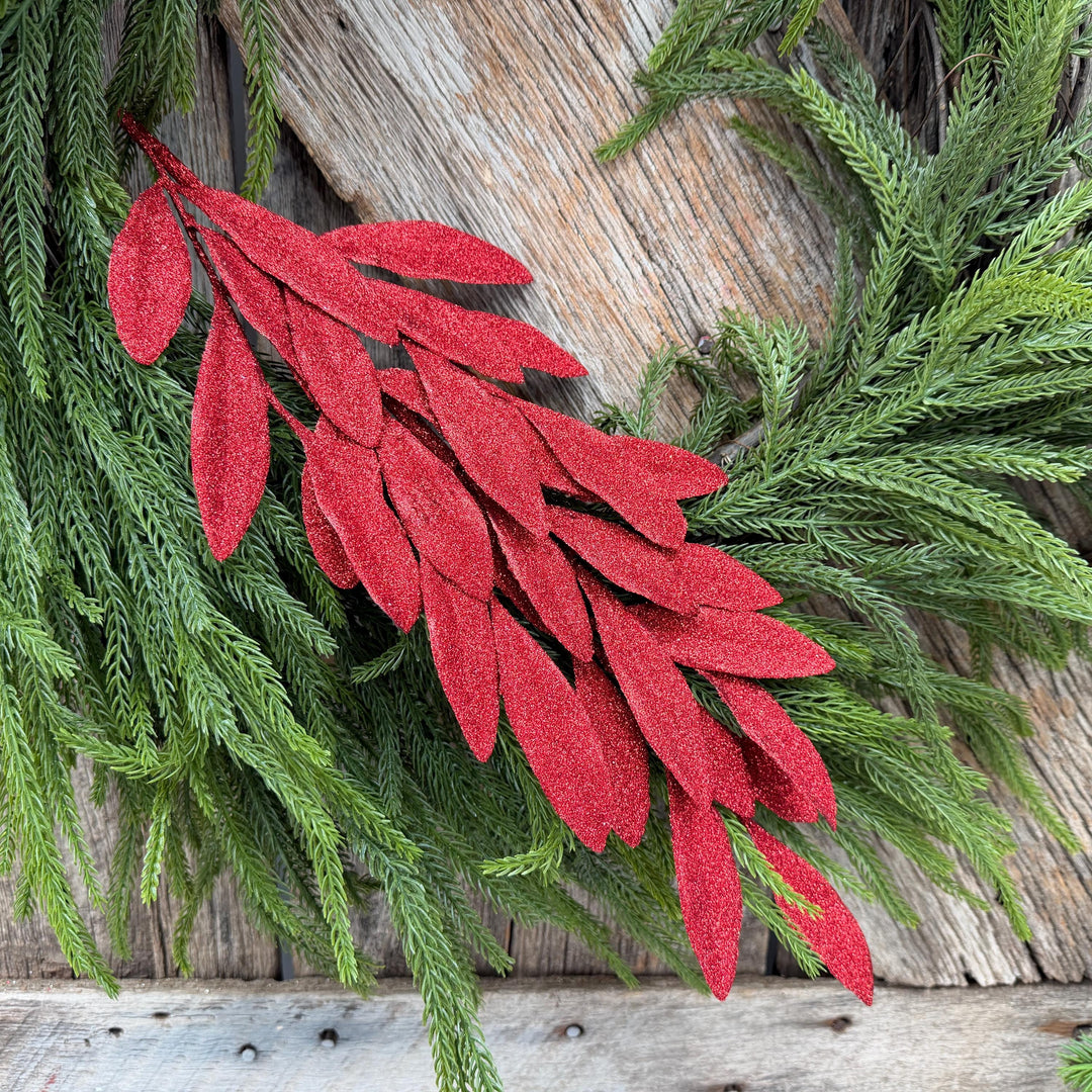 27" Red Glitter Laurel Leaf Spray – Christmas Tree Greenery