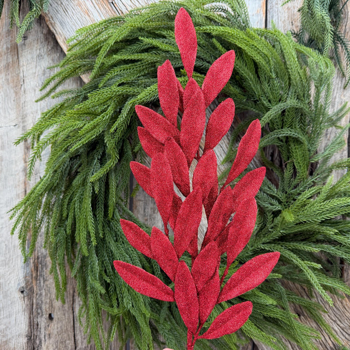 27" Red Glitter Laurel Leaf Spray – Christmas Tree Greenery