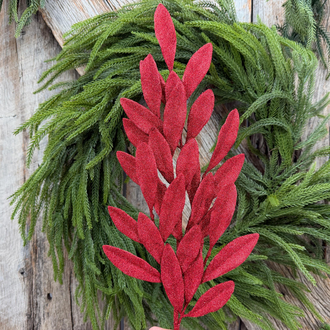 27" Red Glitter Laurel Leaf Spray – Christmas Tree Greenery