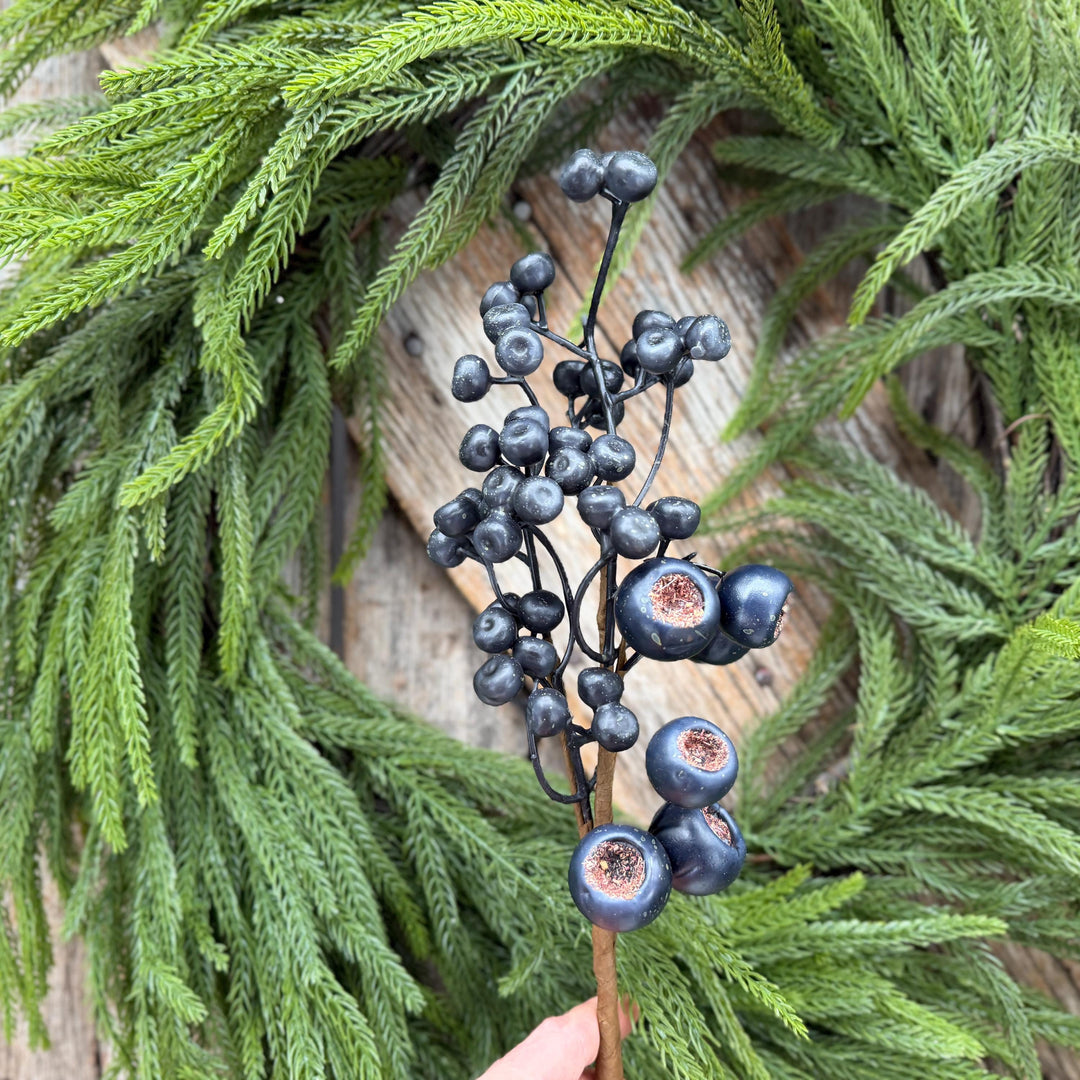 16" Dark Blue Berry Pick – Rustic Blueberry Christmas Floral Stem