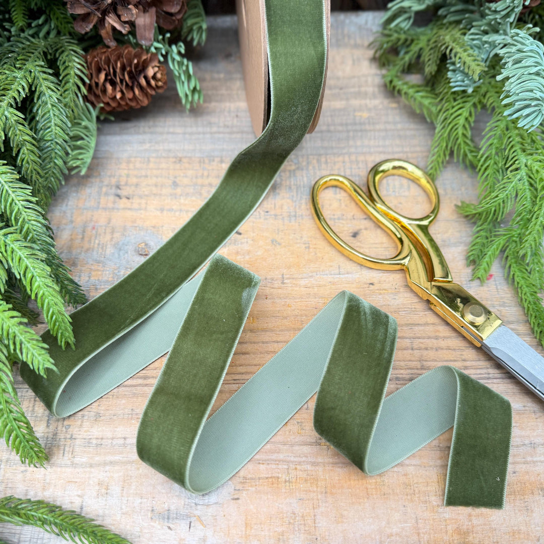 1" Olive Green Velvet Unwired Ribbon