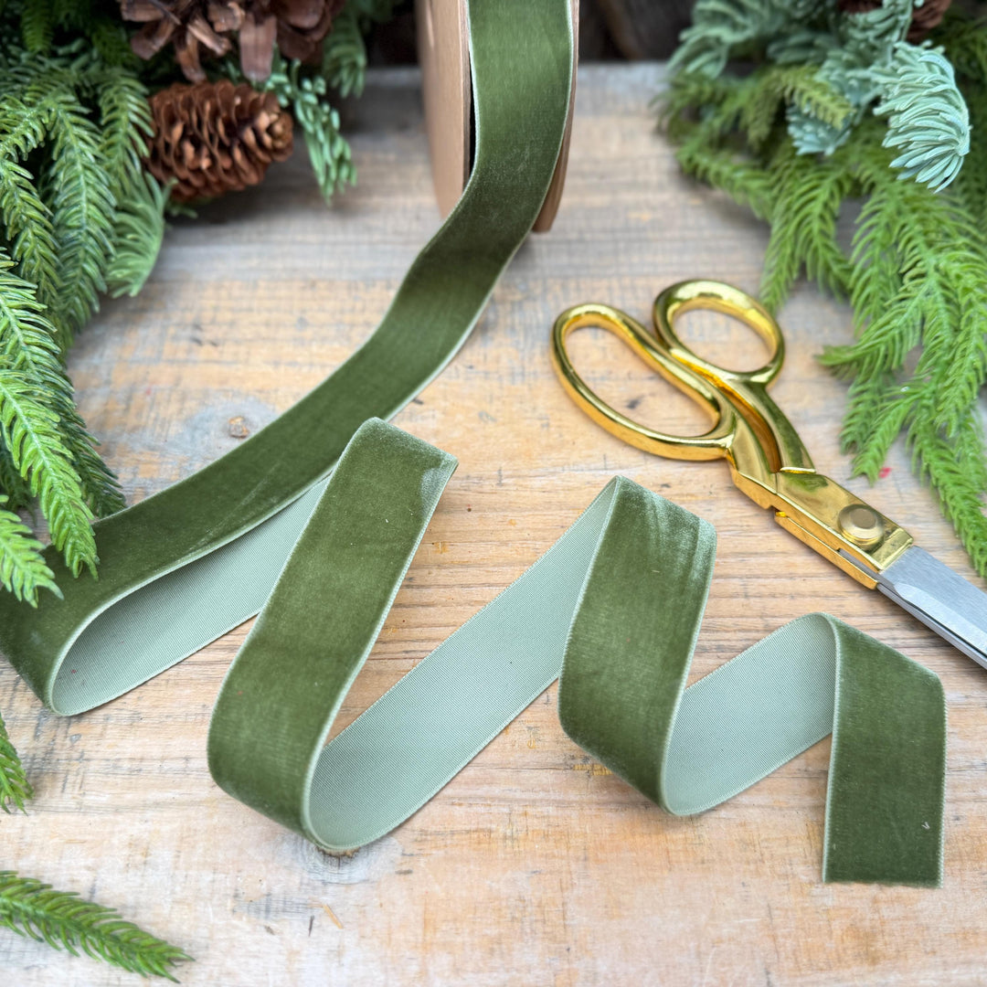 1" Olive Green Velvet Unwired Ribbon