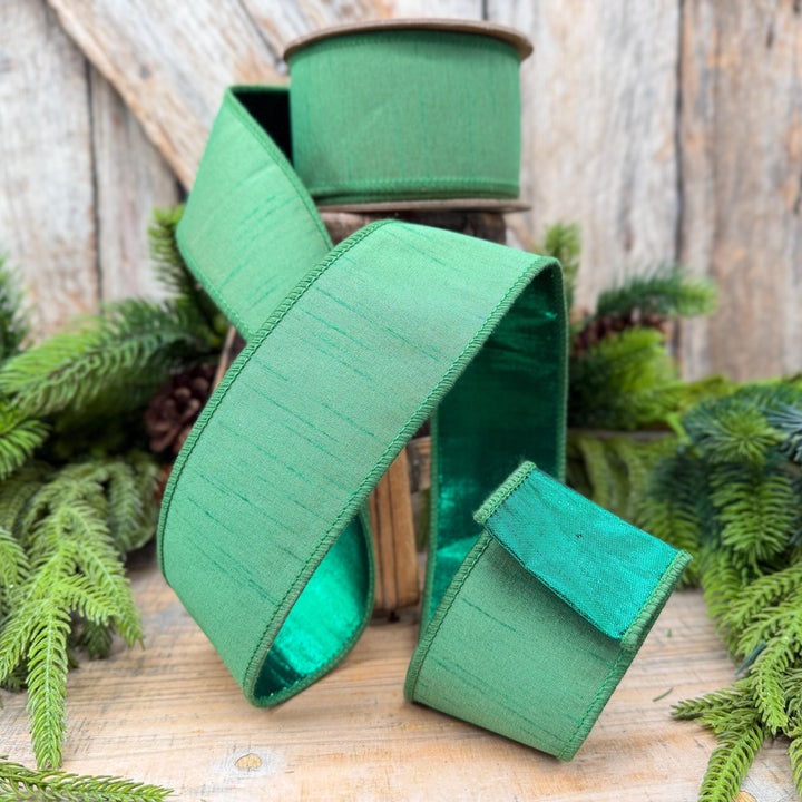 2.5" Christmas Green Dupioni Wired Ribbon with Metallic Backing – 10 Yards