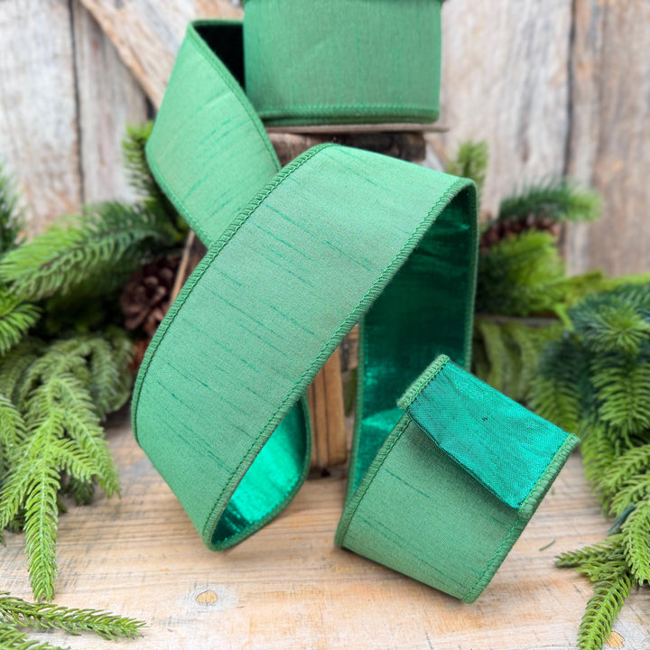 2.5" Christmas Green Dupioni Wired Ribbon with Metallic Backing – 10 Yards