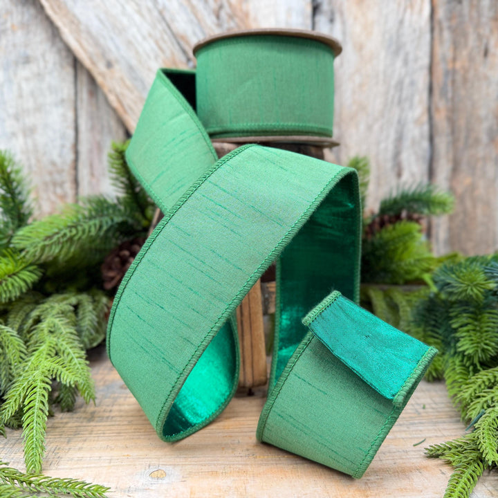 2.5" Christmas Green Dupioni Wired Ribbon with Metallic Backing – 10 Yards