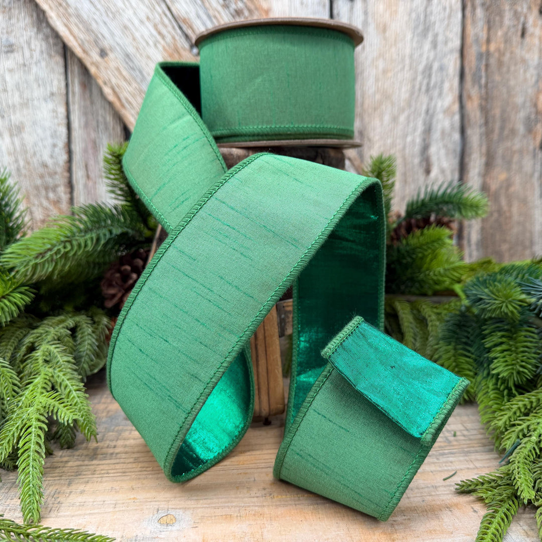 2.5" Christmas Green Dupioni Wired Ribbon with Metallic Backing – 10 Yards