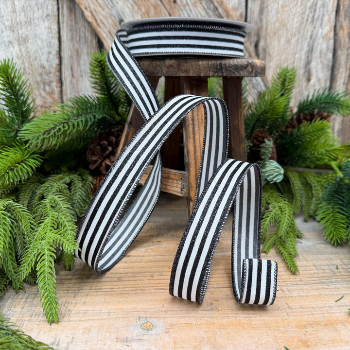 1" Black and White Mini Glitter Stripes Wired Ribbon by Farrisilk
