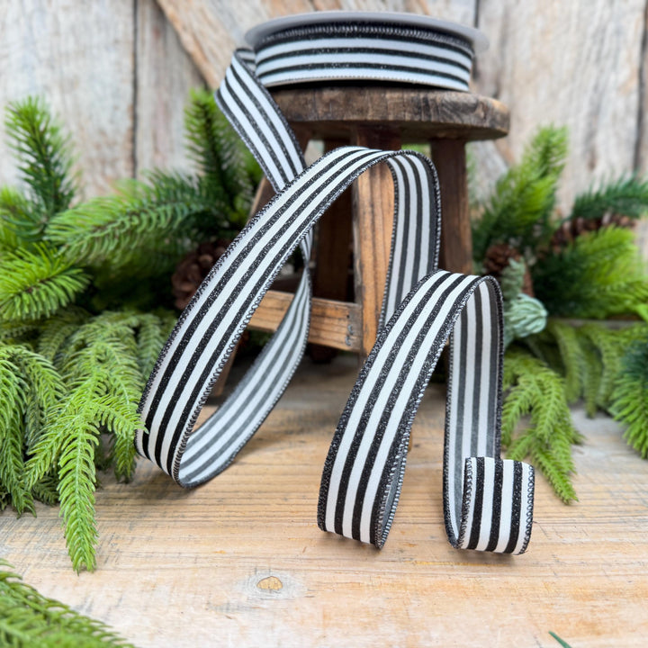 1" Black and White Mini Glitter Stripes Wired Ribbon by Farrisilk