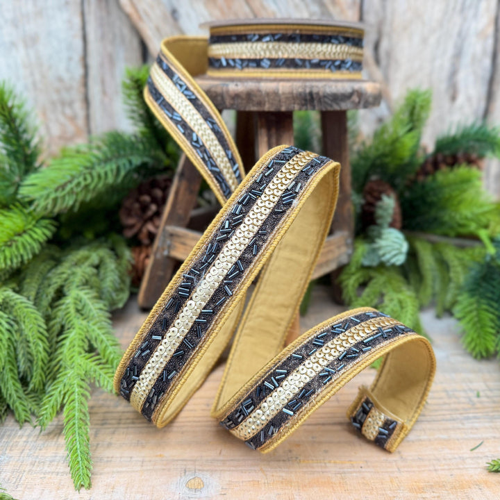 1.25" Luxor Black and Gold Beaded Sequin Ribbon by Farrisilk