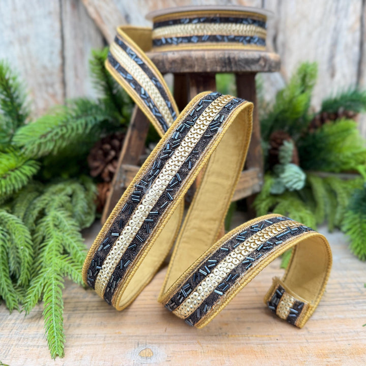 1.25" Luxor Black and Gold Beaded Sequin Ribbon by Farrisilk