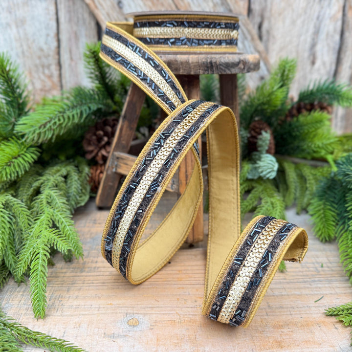 1.25" Luxor Black and Gold Beaded Sequin Ribbon by Farrisilk