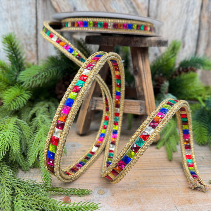 3/4" Gemstone Garland Multicolor Jeweled Ribbon by Farrisilk