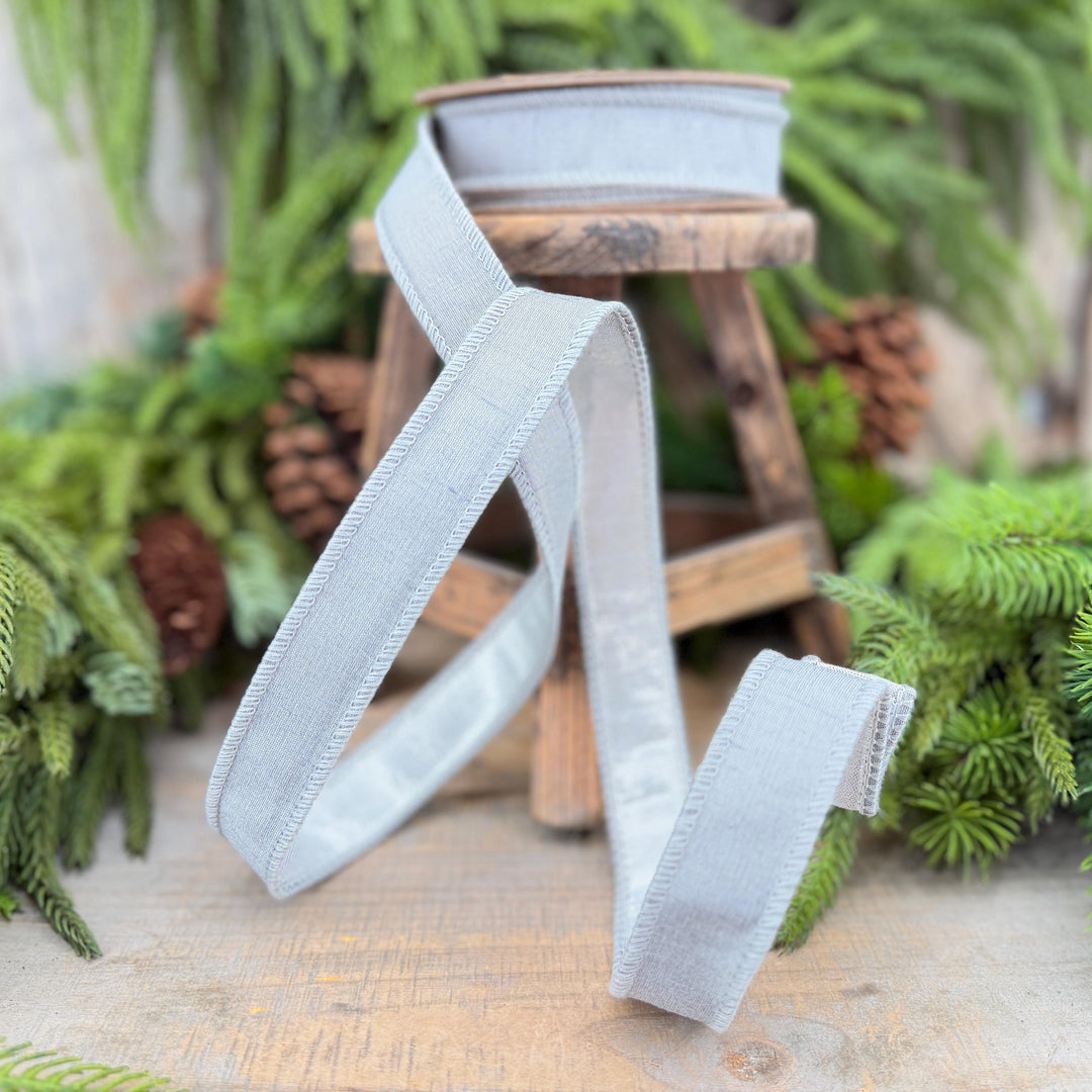 1" Silver Dupioni Wired Ribbon with Metallic Backing