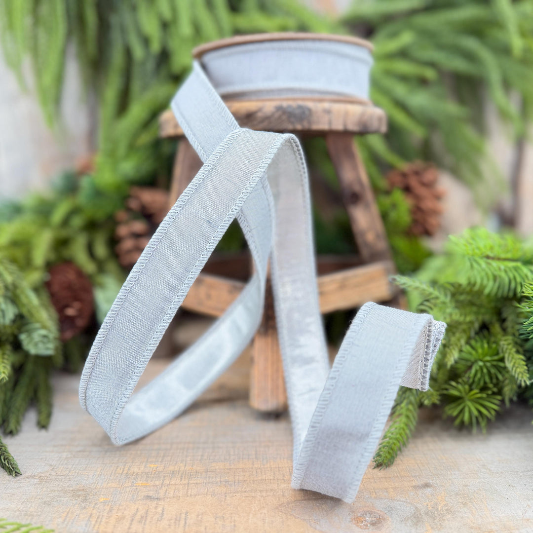 1" Silver Dupioni Wired Ribbon with Metallic Backing