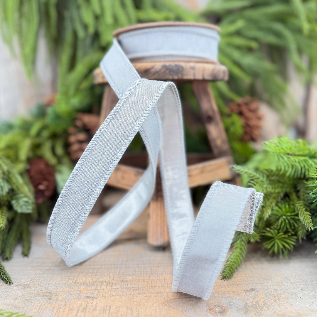 1" Silver Dupioni Wired Ribbon with Metallic Backing