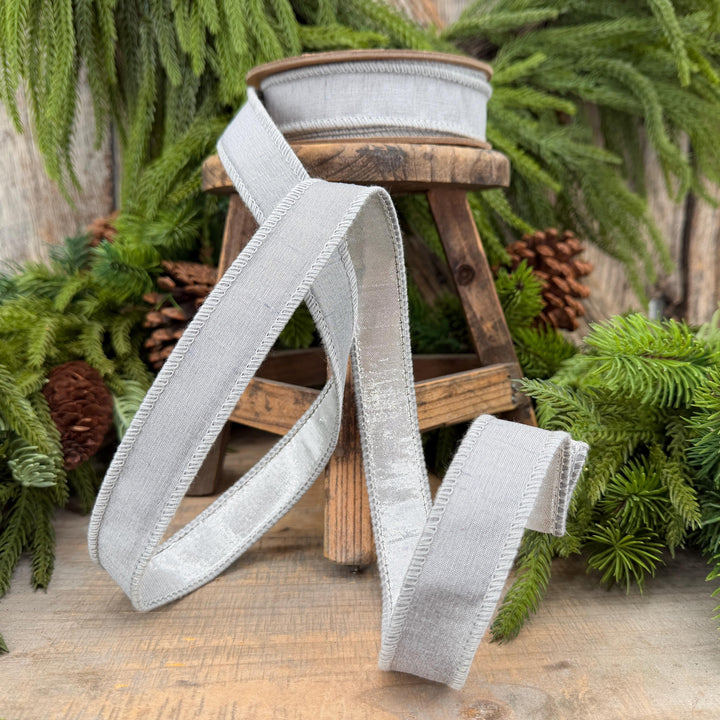 1" Silver Dupioni Wired Ribbon with Metallic Backing