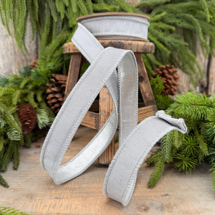 1" Silver Dupioni Wired Ribbon with Metallic Backing