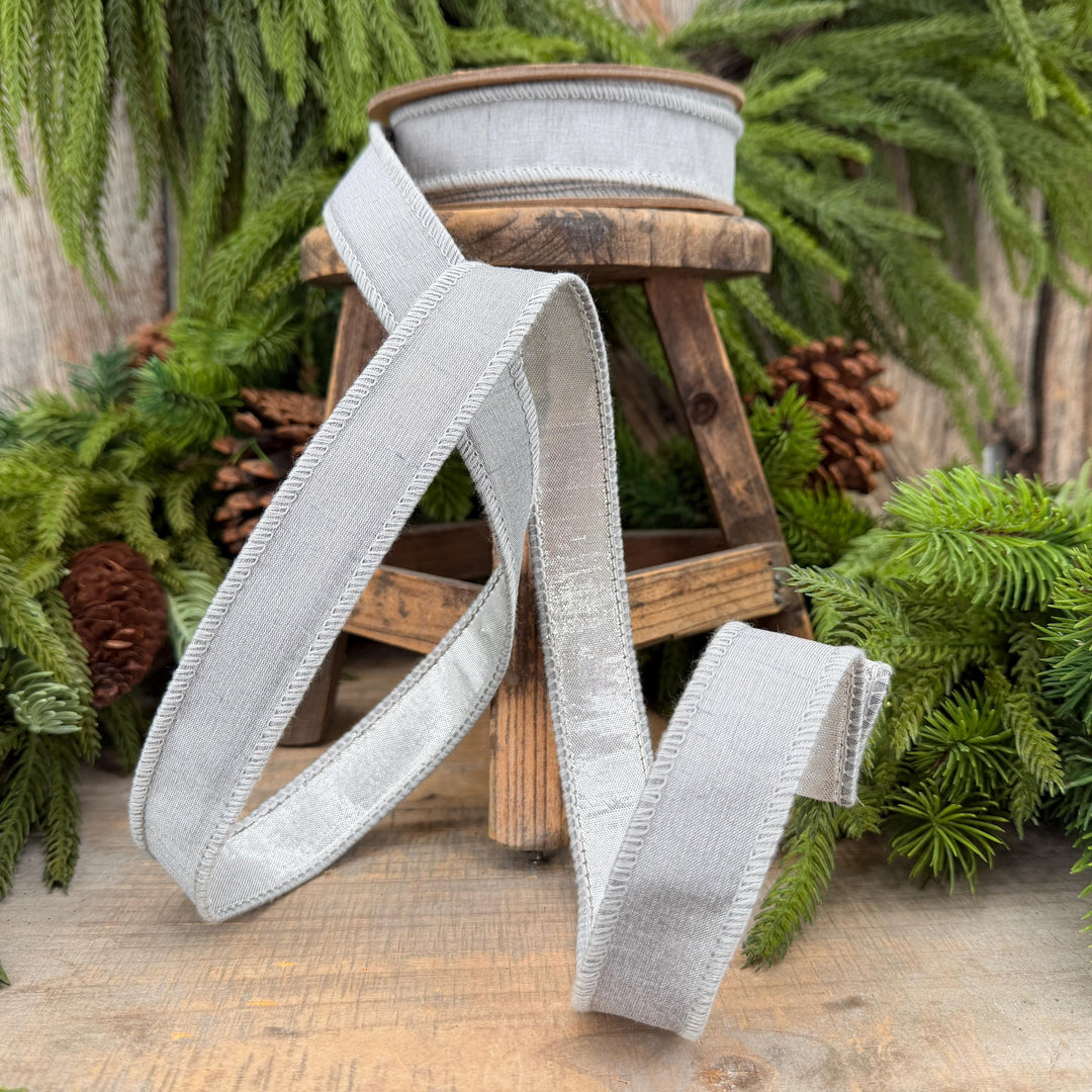 1" Silver Dupioni Wired Ribbon with Metallic Backing
