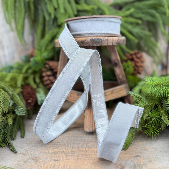 1" Silver Dupioni Wired Ribbon with Metallic Backing
