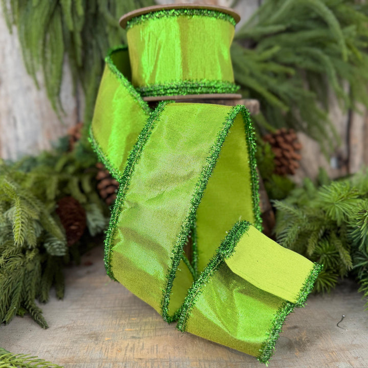 2.5" Metallic Lime Green Dupioni Wired Ribbon with Tinsel Edge, 10 Yard Roll