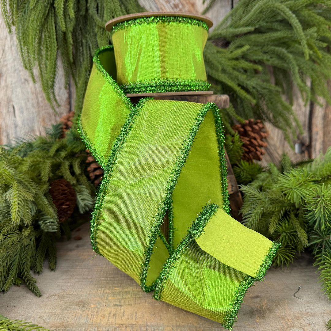 2.5" Metallic Lime Green Dupioni Wired Ribbon with Tinsel Edge, 10 Yard Roll