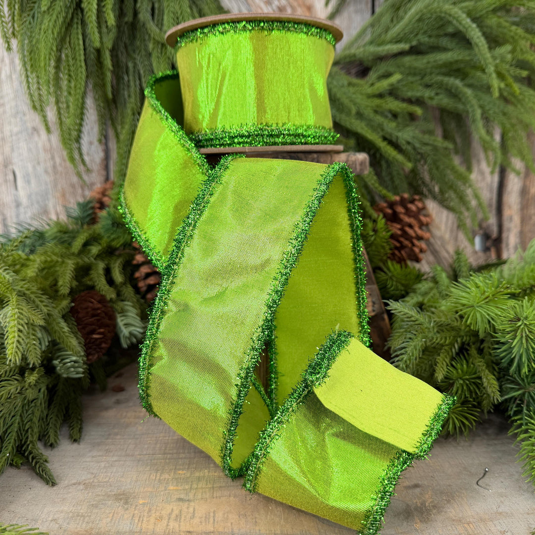 2.5" Metallic Lime Green Dupioni Wired Ribbon with Tinsel Edge, 10 Yard Roll