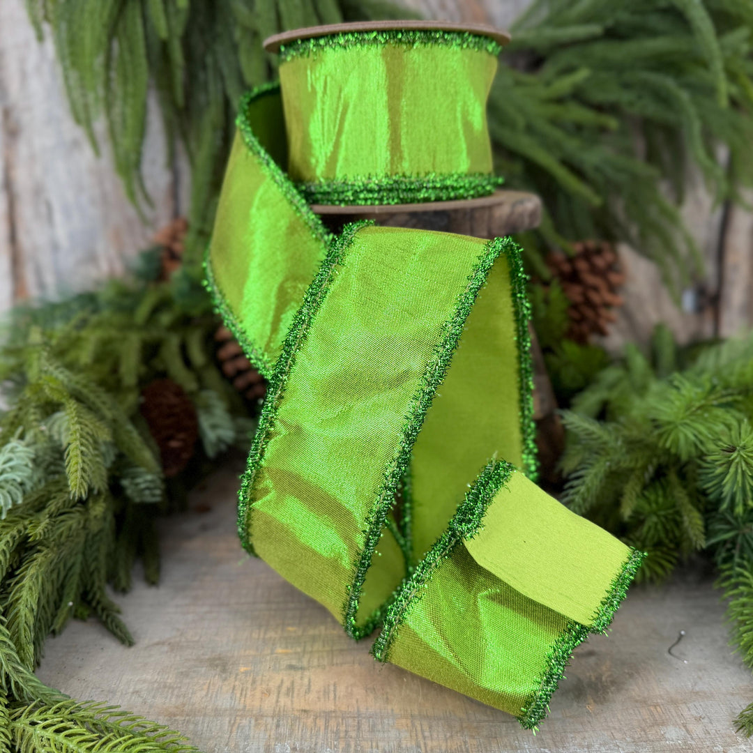 2.5" Metallic Lime Green Dupioni Wired Ribbon with Tinsel Edge, 10 Yard Roll