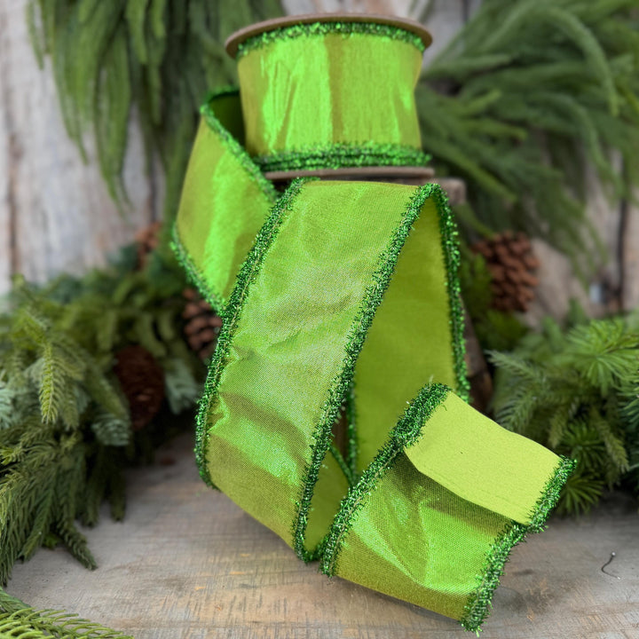2.5" Metallic Lime Green Dupioni Wired Ribbon with Tinsel Edge, 10 Yard Roll